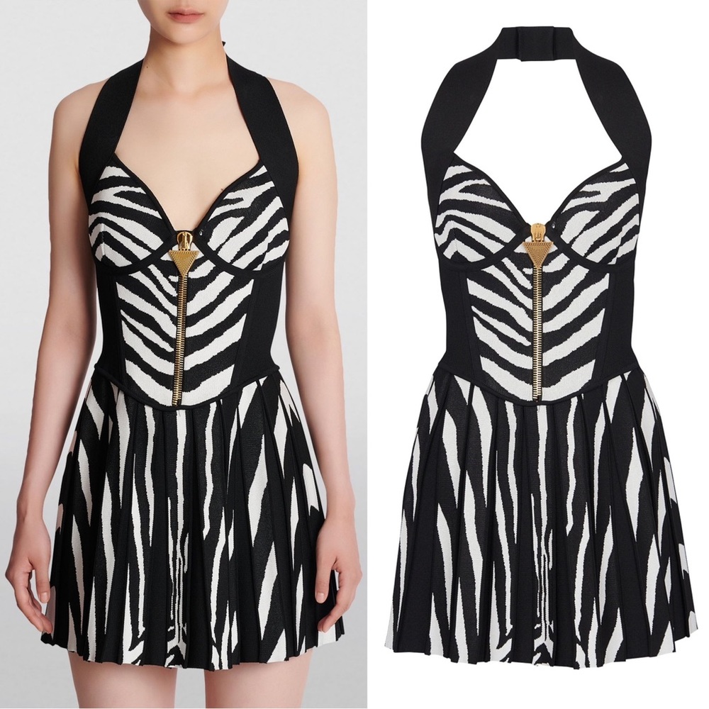 Balmain Zebra Jacquard Zip Embellished Ribbed Knit Halter Gold Button Mini Dress - Picture 4 of 17